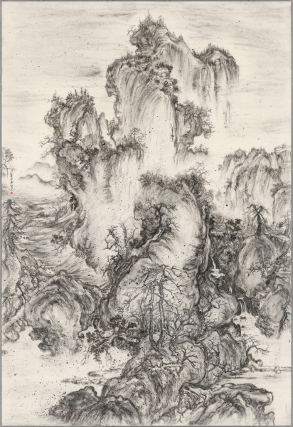 《袁慧莉YUAN Hui-Li：A Maverick in Shanshui》摘錄作品：《火墨‧郭熙早春圖》，宣紙、炭灰，158×108 cm，2017